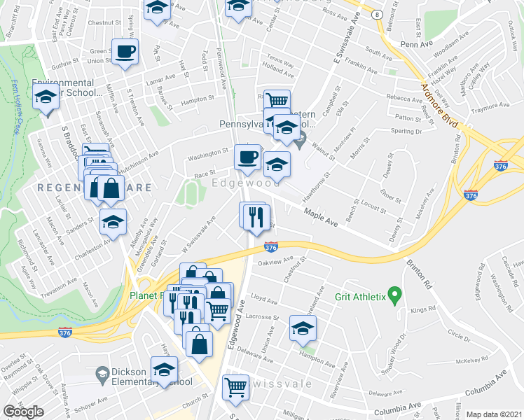 map of restaurants, bars, coffee shops, grocery stores, and more near 118 Maple Avenue in Pittsburgh