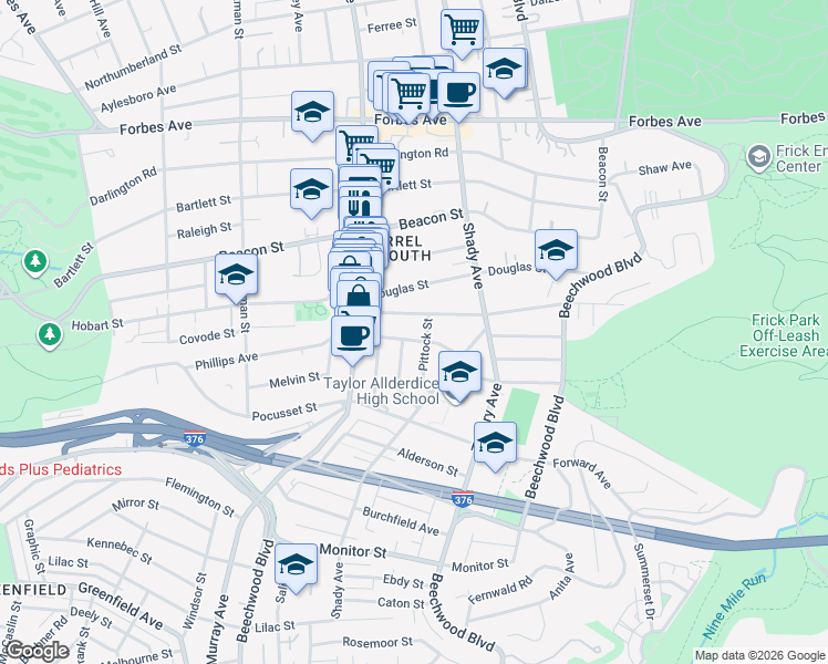 map of restaurants, bars, coffee shops, grocery stores, and more near 5841 Phillips Avenue in Pittsburgh