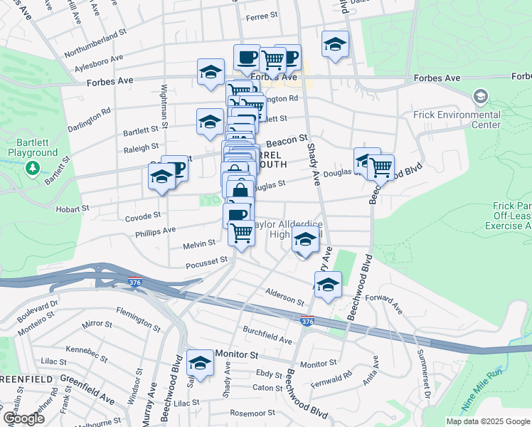 map of restaurants, bars, coffee shops, grocery stores, and more near 5841 Phillips Avenue in Pittsburgh
