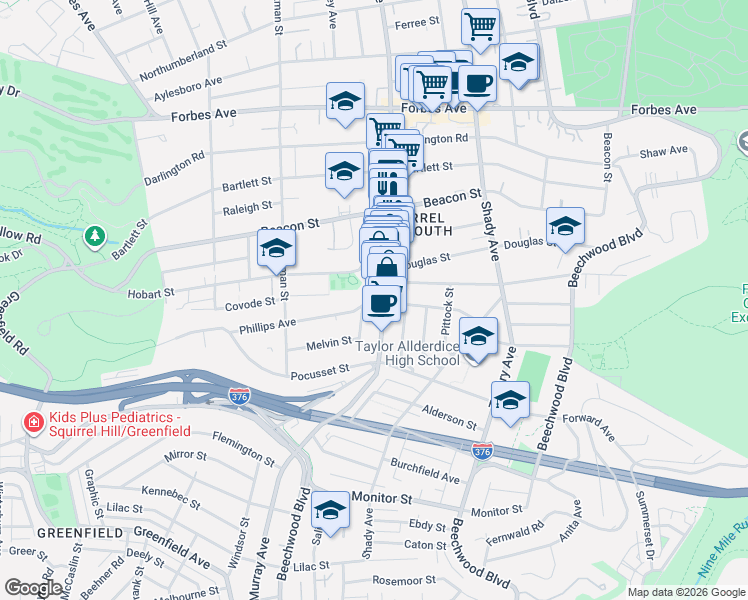 map of restaurants, bars, coffee shops, grocery stores, and more near in Pittsburgh