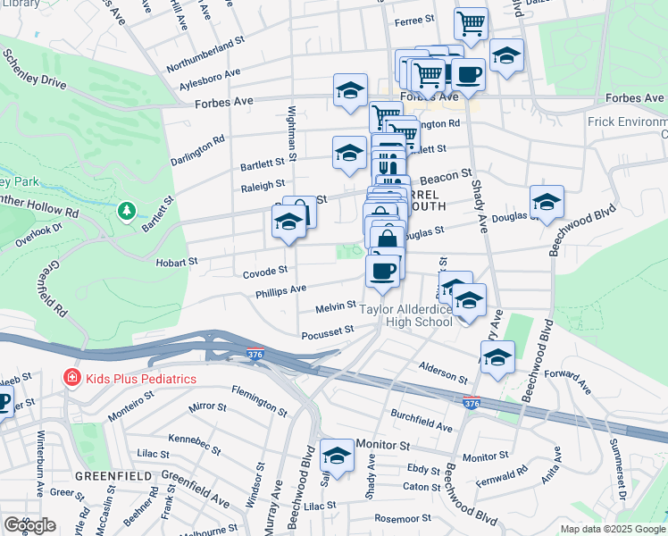 map of restaurants, bars, coffee shops, grocery stores, and more near 5640 Hobart Street in Pittsburgh