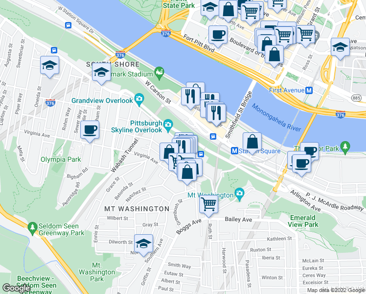 map of restaurants, bars, coffee shops, grocery stores, and more near 136 Grandview Avenue in Pittsburgh
