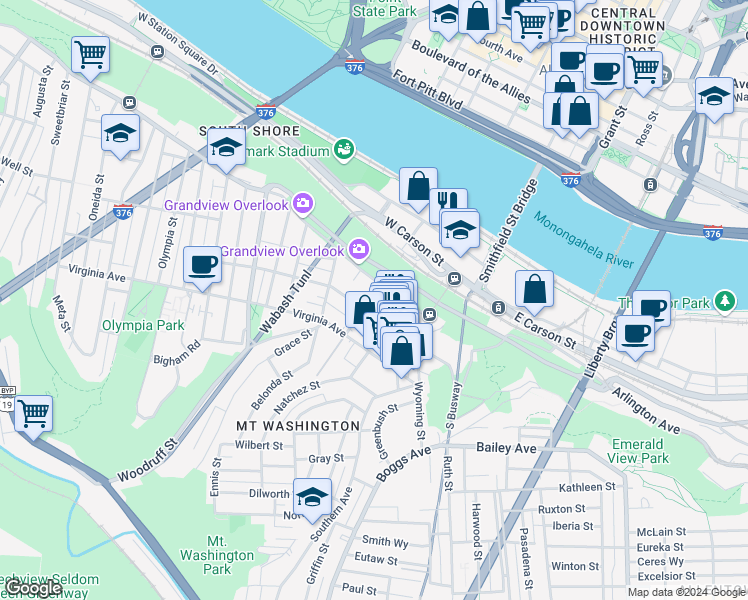 map of restaurants, bars, coffee shops, grocery stores, and more near 215 Grandview Avenue in Pittsburgh