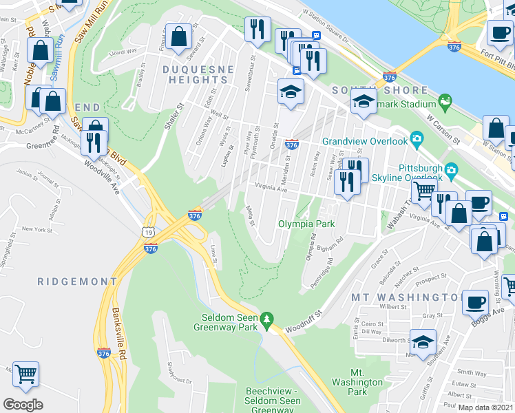 map of restaurants, bars, coffee shops, grocery stores, and more near 415 Plymouth Street in Pittsburgh