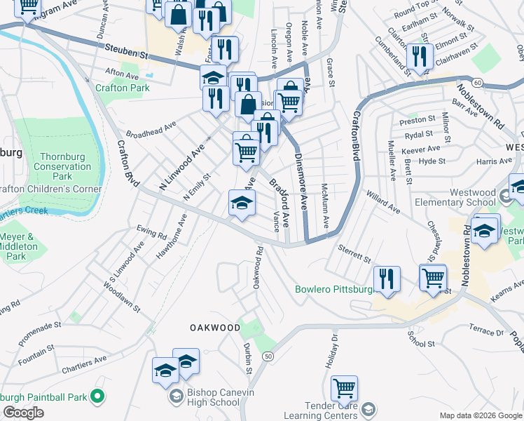 map of restaurants, bars, coffee shops, grocery stores, and more near 20 Bell Avenue in Pittsburgh