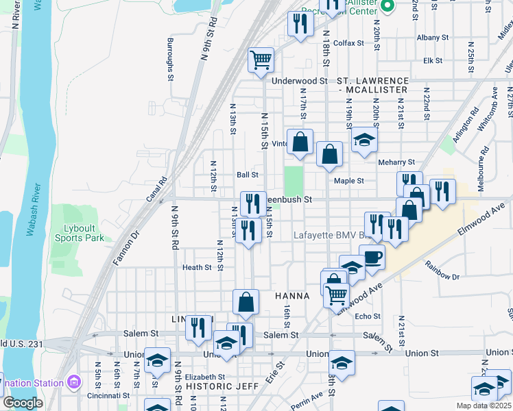 map of restaurants, bars, coffee shops, grocery stores, and more near 1509 North 15th Street in Lafayette