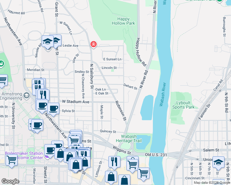 map of restaurants, bars, coffee shops, grocery stores, and more near 603 Oak Lane in West Lafayette