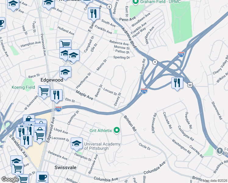 map of restaurants, bars, coffee shops, grocery stores, and more near 426 Elmer Street in Pittsburgh