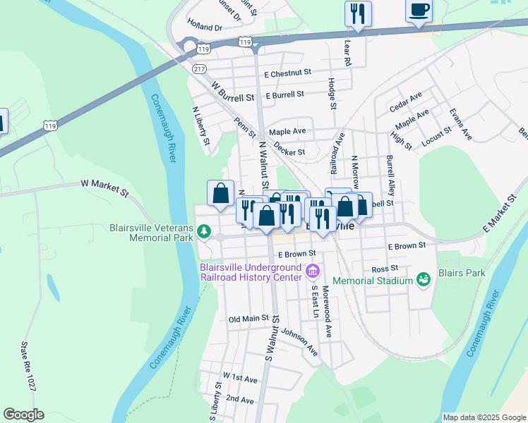 map of restaurants, bars, coffee shops, grocery stores, and more near 36 West Campbell Street in Blairsville