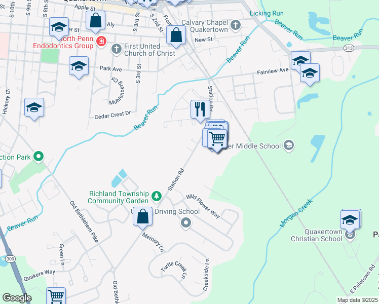 map of restaurants, bars, coffee shops, grocery stores, and more near 268 Station Road in Quakertown