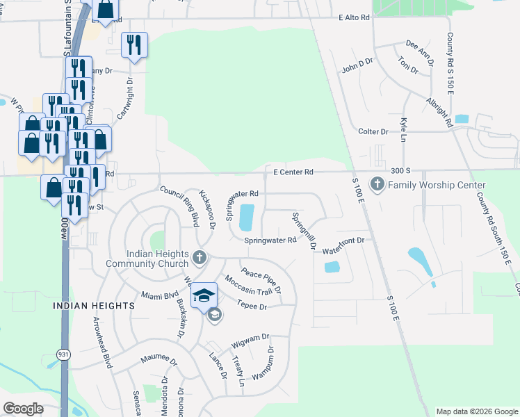 map of restaurants, bars, coffee shops, grocery stores, and more near 4007 Highland Springs Drive in Kokomo