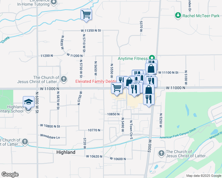 map of restaurants, bars, coffee shops, grocery stores, and more near 5521 Timpanogos Highway in Highland
