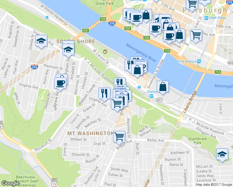 map of restaurants, bars, coffee shops, grocery stores, and more near 111 Maple Terrace in Allegheny