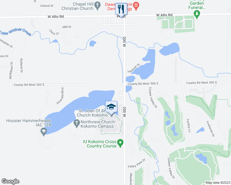 map of restaurants, bars, coffee shops, grocery stores, and more near 23 Emerald Lane in Kokomo
