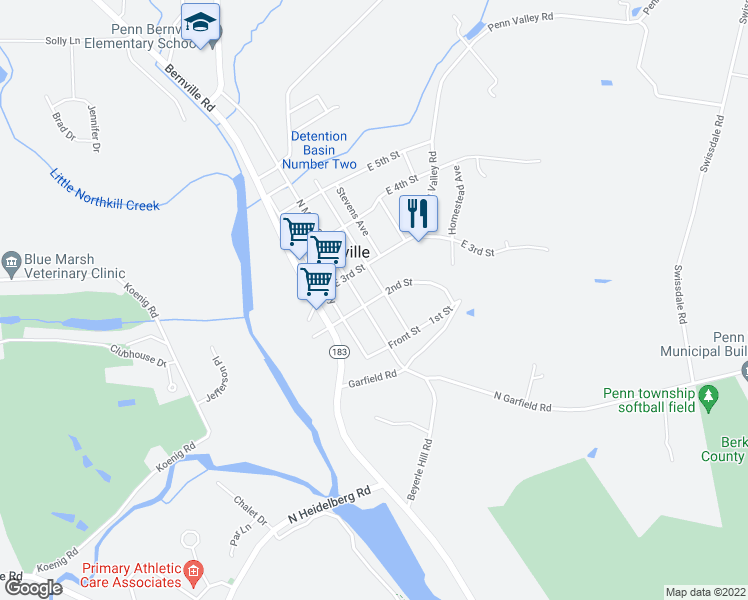 map of restaurants, bars, coffee shops, grocery stores, and more near 2nd Street in Bernville