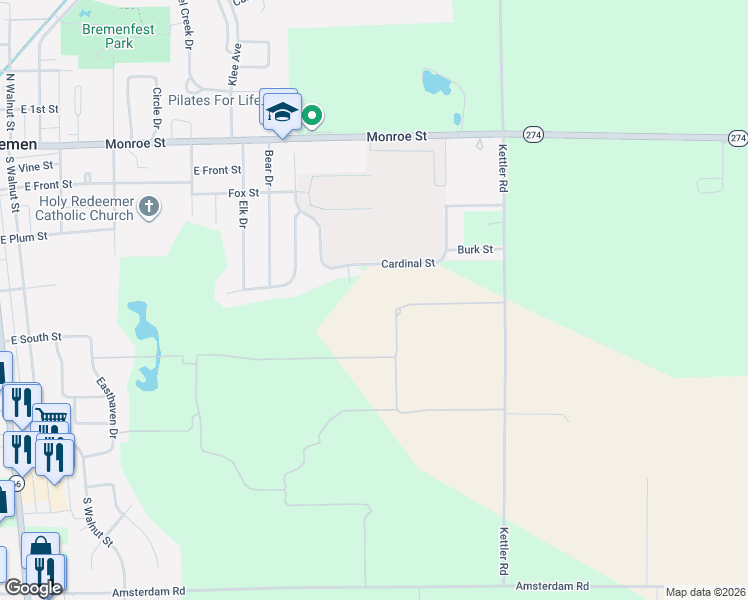 map of restaurants, bars, coffee shops, grocery stores, and more near 141 Cardinal Street in New Bremen