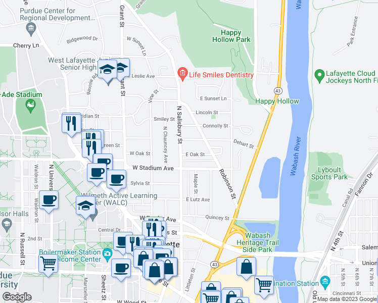 map of restaurants, bars, coffee shops, grocery stores, and more near 118 East Oak Street in West Lafayette
