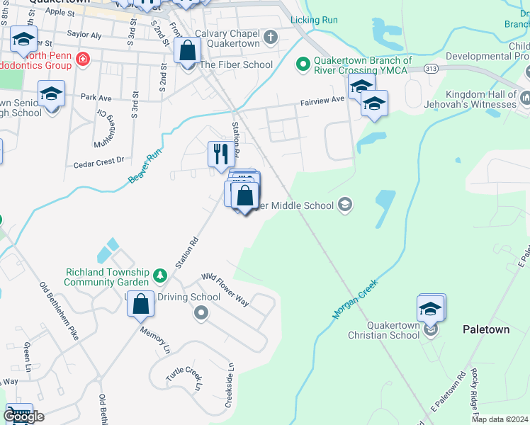 map of restaurants, bars, coffee shops, grocery stores, and more near 201 Station Road in Quakertown