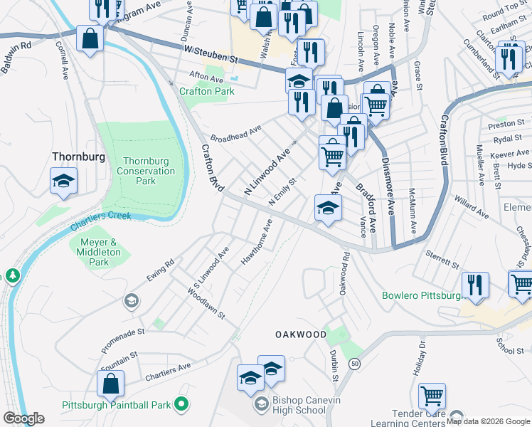 map of restaurants, bars, coffee shops, grocery stores, and more near 1986 Crafton Boulevard in Pittsburgh