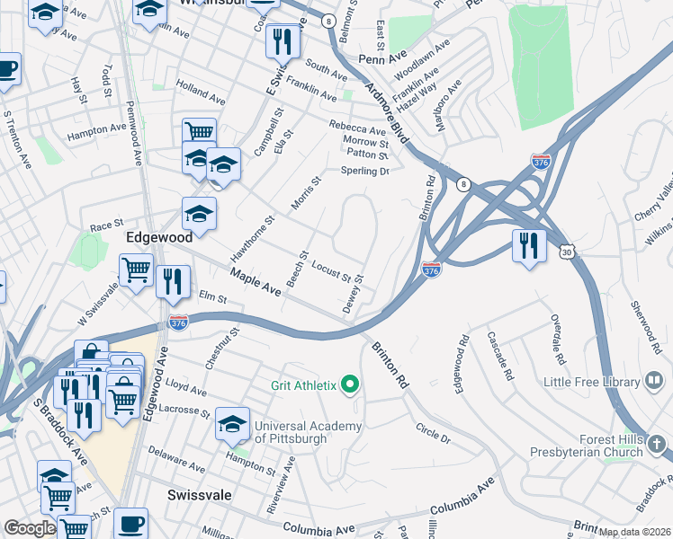 map of restaurants, bars, coffee shops, grocery stores, and more near 426 Elmer Street in Pittsburgh