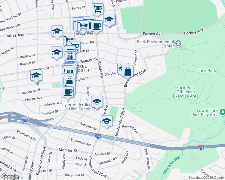 map of restaurants, bars, coffee shops, grocery stores, and more near 6333 Phillips Avenue in Pittsburgh