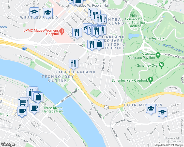 map of restaurants, bars, coffee shops, grocery stores, and more near 3245 Hardie Way in Pittsburgh