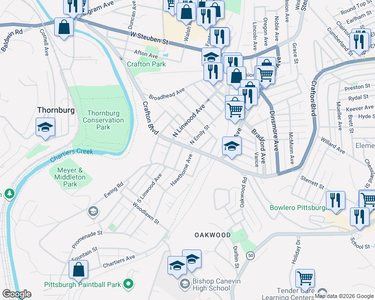 map of restaurants, bars, coffee shops, grocery stores, and more near 1986 Crafton Boulevard in Pittsburgh