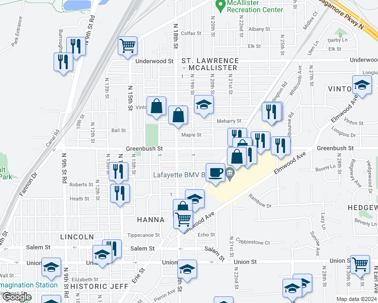 map of restaurants, bars, coffee shops, grocery stores, and more near 1808 Greenbush Street in Lafayette