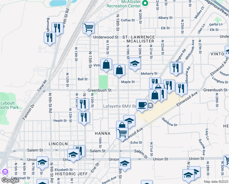 map of restaurants, bars, coffee shops, grocery stores, and more near 1712 Greenbush Street in Lafayette