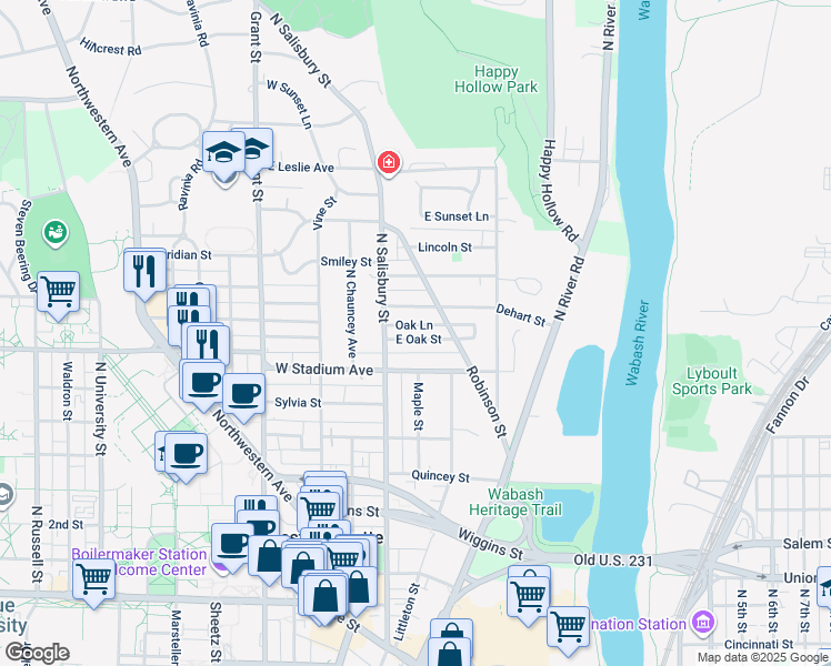 map of restaurants, bars, coffee shops, grocery stores, and more near 131 Dehart Street in West Lafayette