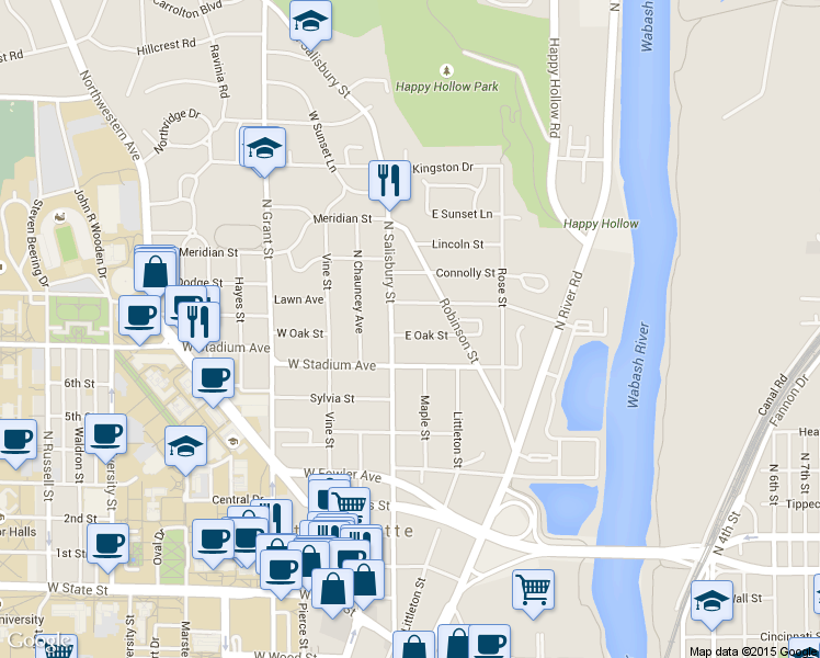 map of restaurants, bars, coffee shops, grocery stores, and more near 724 North Salisbury Street in West Lafayette