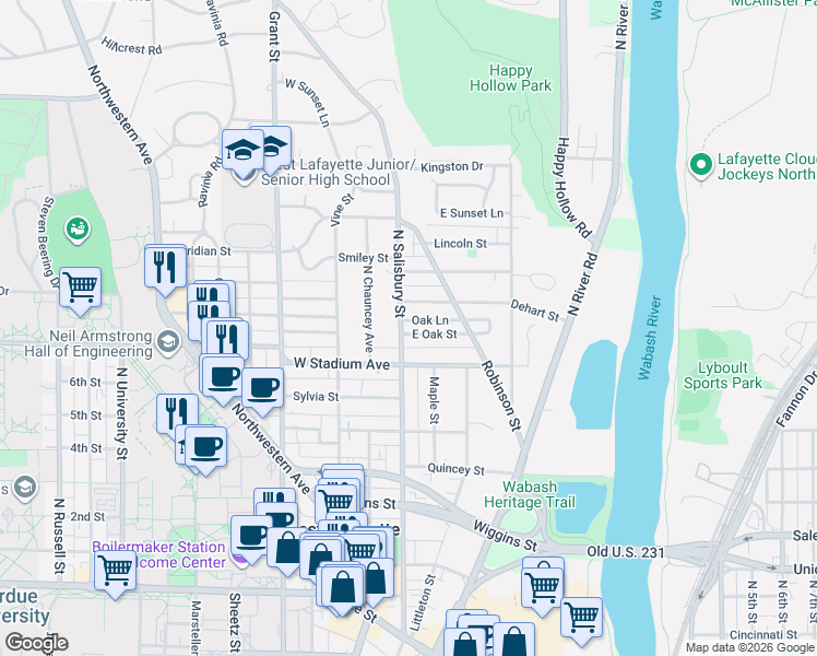 map of restaurants, bars, coffee shops, grocery stores, and more near 724 North Salisbury Street in West Lafayette