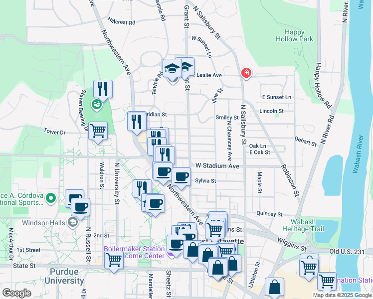 map of restaurants, bars, coffee shops, grocery stores, and more near 331 Lawn Avenue in West Lafayette
