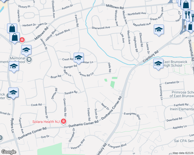 map of restaurants, bars, coffee shops, grocery stores, and more near 6 Brookhill Road in East Brunswick