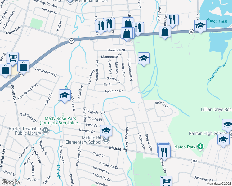 map of restaurants, bars, coffee shops, grocery stores, and more near 18 Fir Place in Hazlet