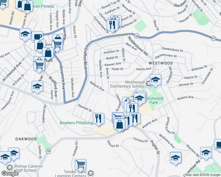 map of restaurants, bars, coffee shops, grocery stores, and more near 425 Brett Street in Pittsburgh