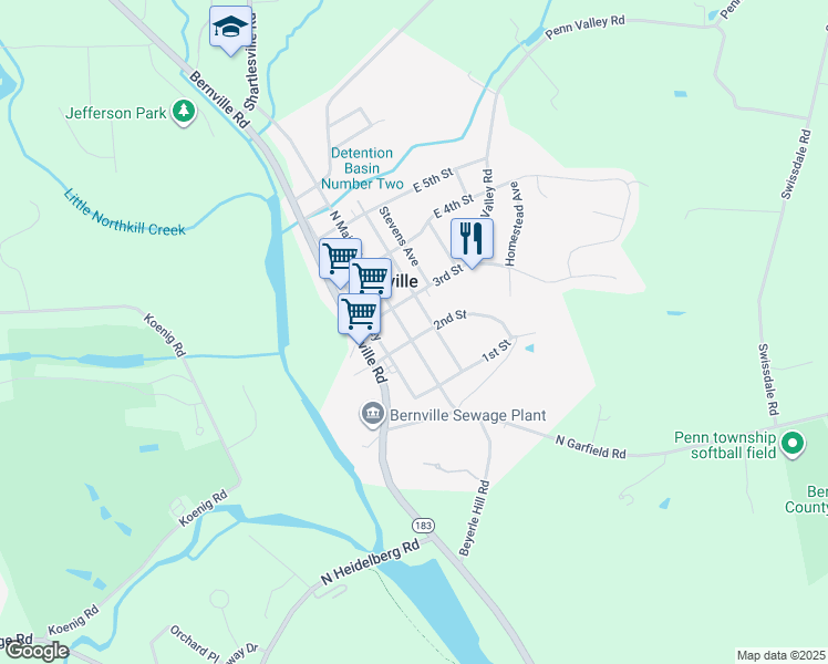 map of restaurants, bars, coffee shops, grocery stores, and more near 225 North Main Street in Bernville