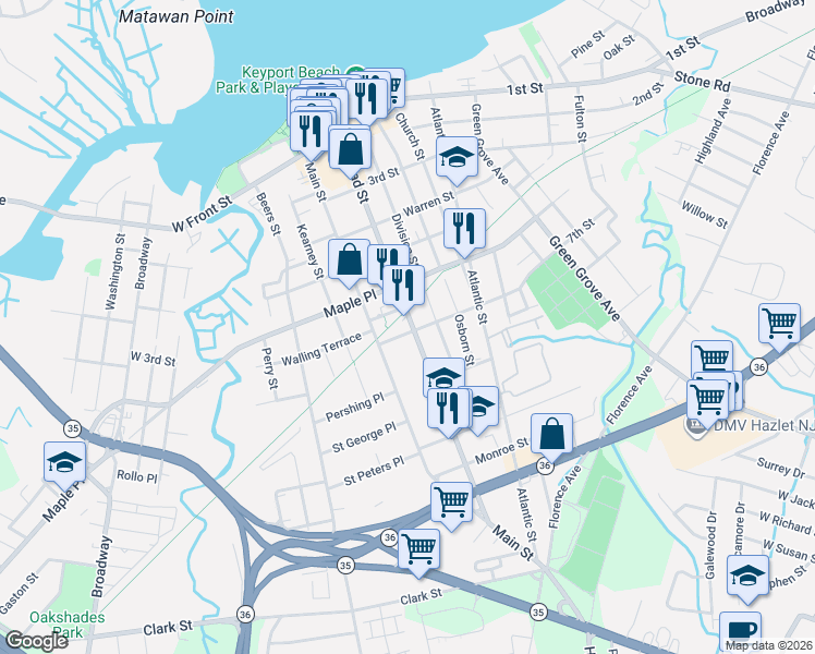 map of restaurants, bars, coffee shops, grocery stores, and more near in Keyport