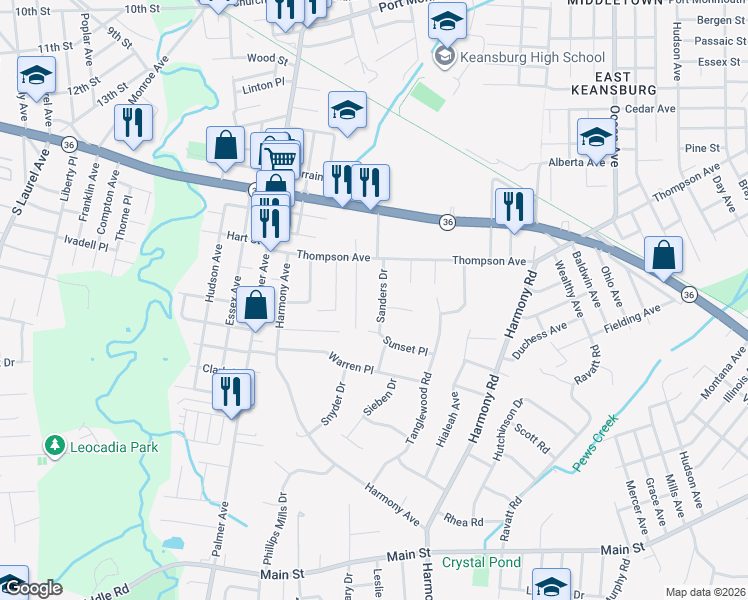 map of restaurants, bars, coffee shops, grocery stores, and more near 12 Sanders Drive in Middletown Township