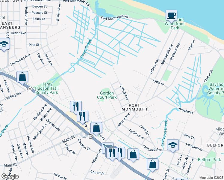 map of restaurants, bars, coffee shops, grocery stores, and more near 2 Avenue D in Port Monmouth
