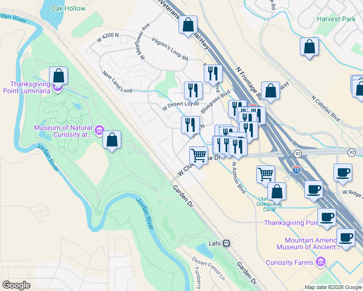 map of restaurants, bars, coffee shops, grocery stores, and more near 3168 West Wildflower Lane in Lehi