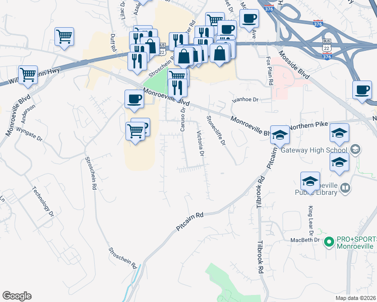 map of restaurants, bars, coffee shops, grocery stores, and more near 223 Caruso Drive in Monroeville