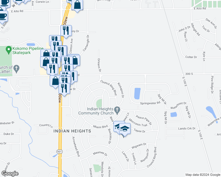 map of restaurants, bars, coffee shops, grocery stores, and more near 5005 Council Ring Boulevard in Kokomo