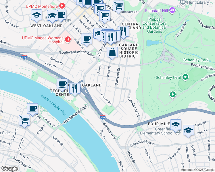 map of restaurants, bars, coffee shops, grocery stores, and more near 3242 Ward Street in Pittsburgh