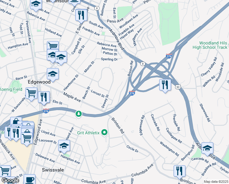 map of restaurants, bars, coffee shops, grocery stores, and more near 101 Mckelvey Avenue in Pittsburgh