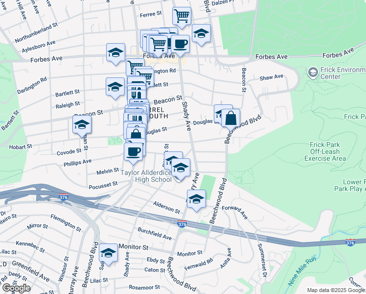 map of restaurants, bars, coffee shops, grocery stores, and more near 2230 Shady Avenue in Pittsburgh