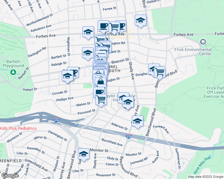map of restaurants, bars, coffee shops, grocery stores, and more near 5841 Phillips Avenue in Pittsburgh
