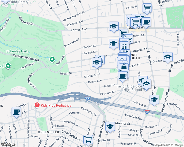 map of restaurants, bars, coffee shops, grocery stores, and more near 5540 Hobart Street in Pittsburgh