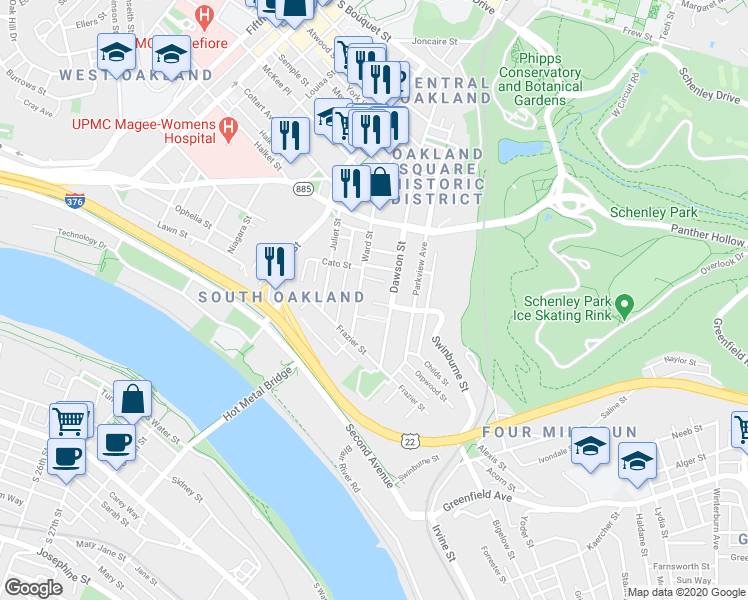 map of restaurants, bars, coffee shops, grocery stores, and more near in Pittsburgh
