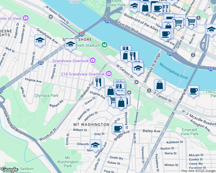 map of restaurants, bars, coffee shops, grocery stores, and more near 215 Grandview Avenue in Pittsburgh